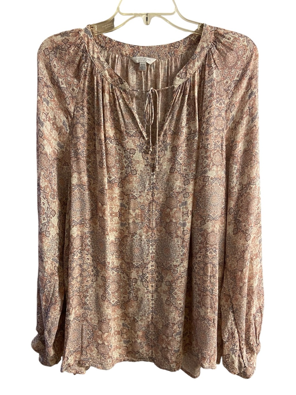 Lucky Brand Paisley Tie-Neck Peasant Blouse Taupe Pink 1X